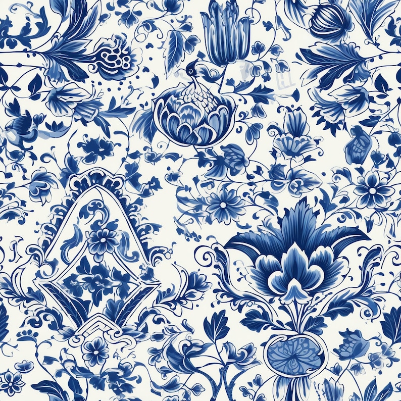 8 Delft Pattern Seamless Prints, Digital Instant Download, Delft Blue