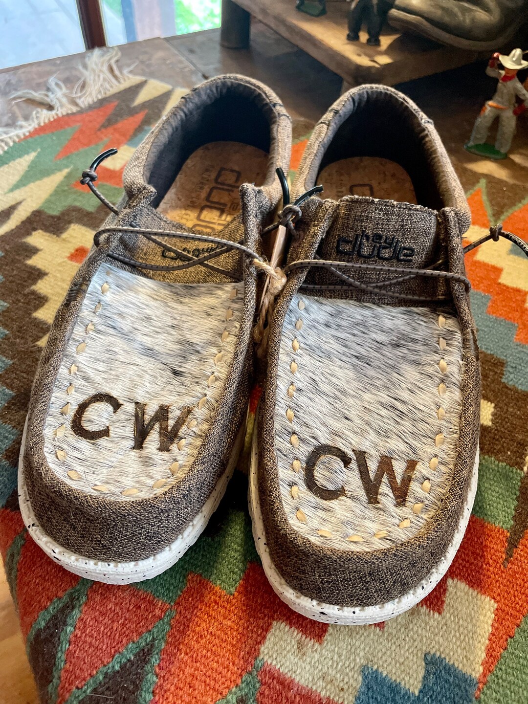 Mens hey Dude Shoes With Custom Cowhide Buckstitch Cattle Brand