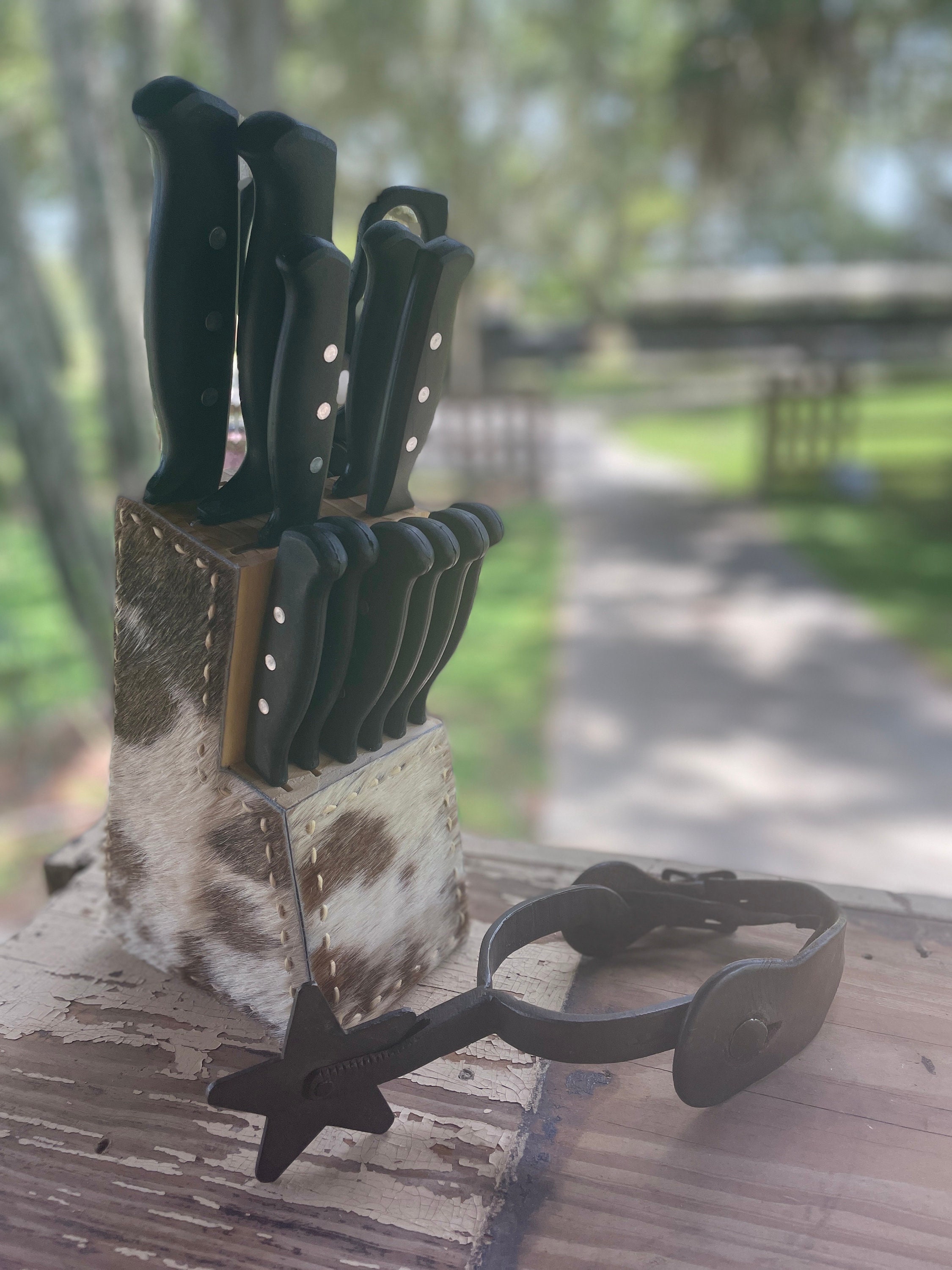 Ranch Style Custom Hair on Cowhide With Buckstitch Knife Block Set Cowboy  Cowgirl Kitchen Rodeo Western Cows Horses Ranch Home 