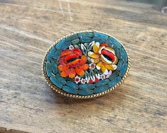 Vintage Italian Micro Mosaic Floral Brooch/pin Gold-Tone Metal