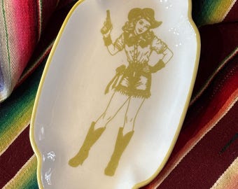 Vintage style cowgirl dish green white