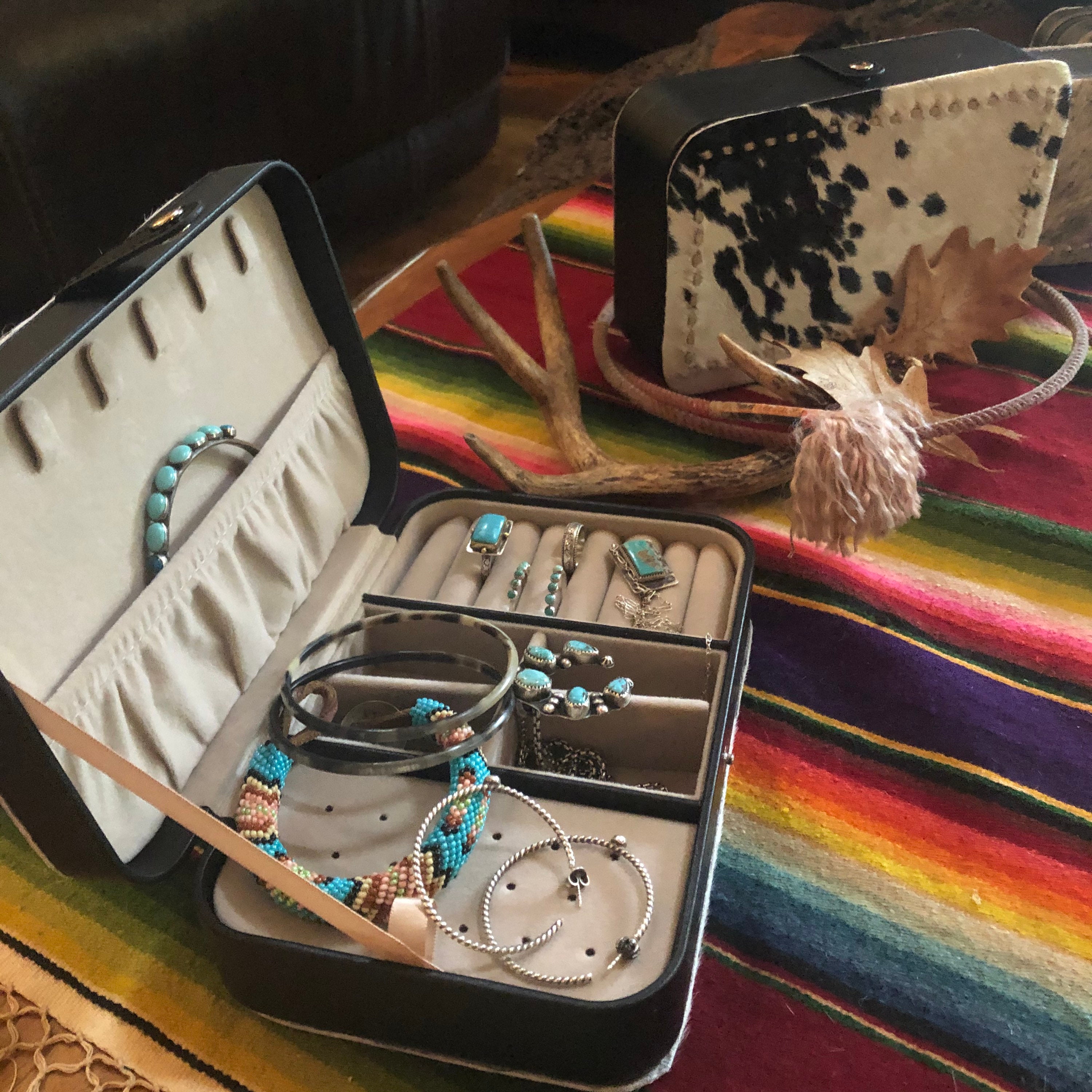 Hair on cowhide with buckstitch travel jewelry case Etsy