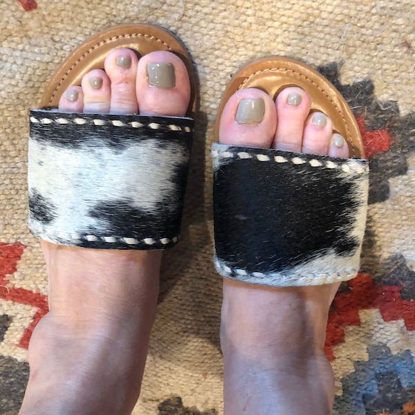 Custom hair on cowhide “Ranch Slides” with or without buckstitch Cowgirl Western Rodeo sandal