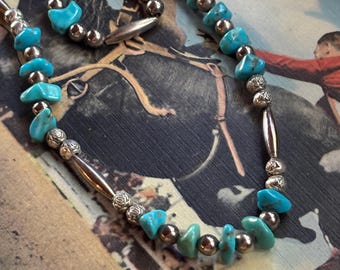Vintage Navajo Native Beaded Necklace with Turquoise + Silver Beads 20 1/2”