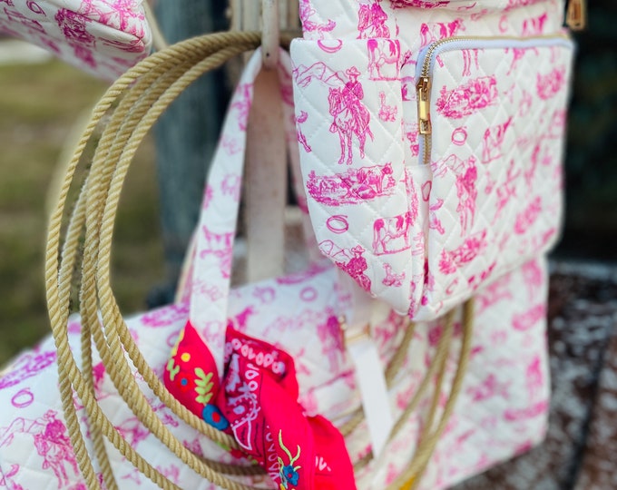 Vintage Style Cowgirl Cowboy Backpack Pink White Rodeo Cows Cattle ...