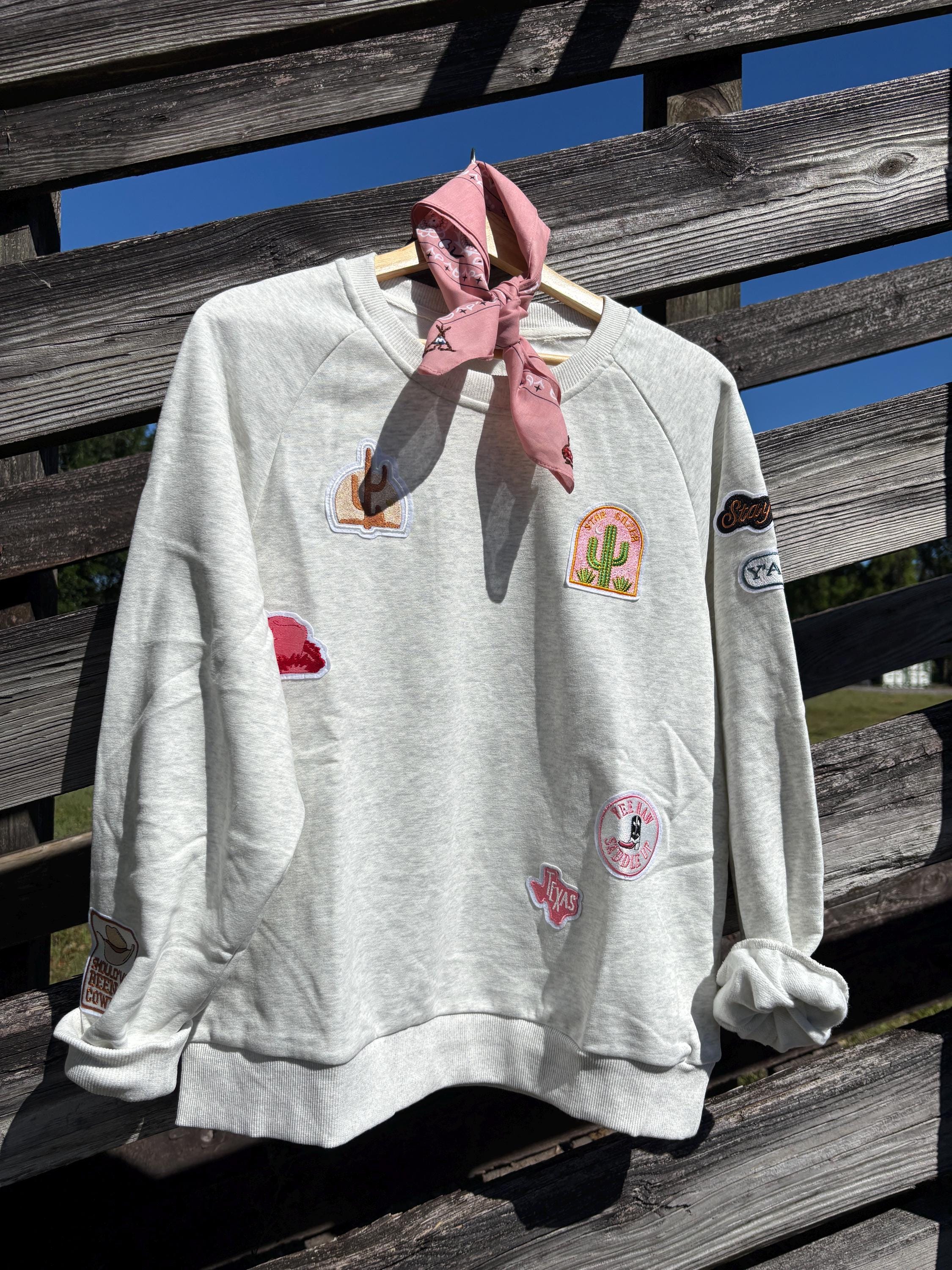 Western Cowgirl Patch Sweatshirt Cactus Horse Shoes Stars Rodeo Ranch Style Buckin Horse NFR White French Terry Cotton Pullover
