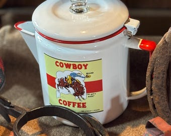 Vintage enamel coffee pot red white with decorative Cowboy Coffee Sticker