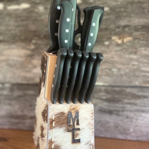 Ranch style custom hair on cowhide with buckstitch knife block set Cowboy Cowgirl Kitchen Rodeo Western Cows Horses Ranch Home