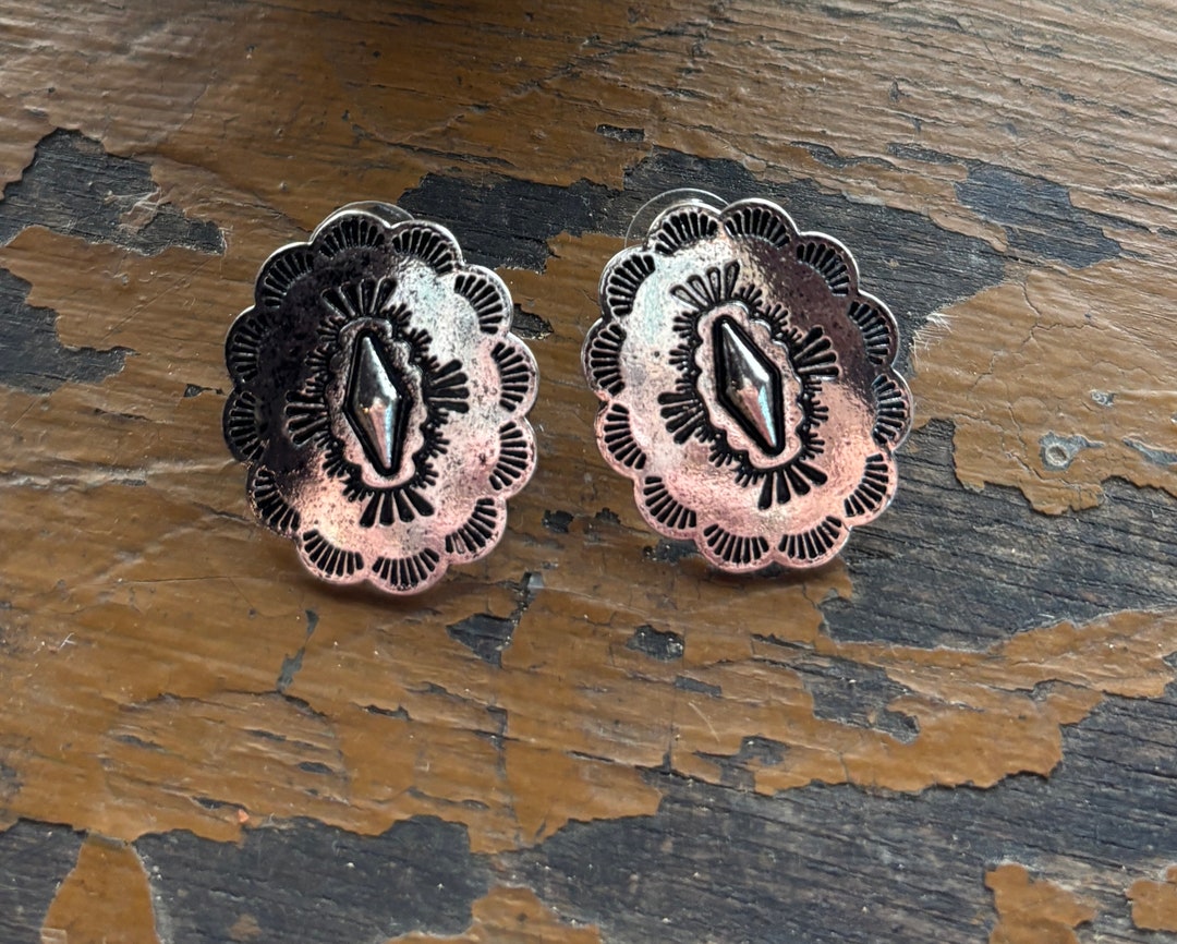 Silver Inspired Concho Aztec Stud Post Earrings Western Style Cowgirl ...