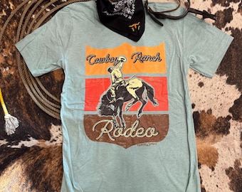 Cowboy Ranch Rodeo Graphic Tee Western Style Vintage Look T-shirt Cowgirl NFR Top