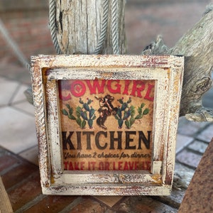 Cowgirl Kitchen Square Artwork Ranch Cowgirl Cowboy Handmade Texas Cactus home Western Style Size 10" Small