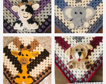 Crochet Appliques, Puppy, Giraffe, Cow, Elephant