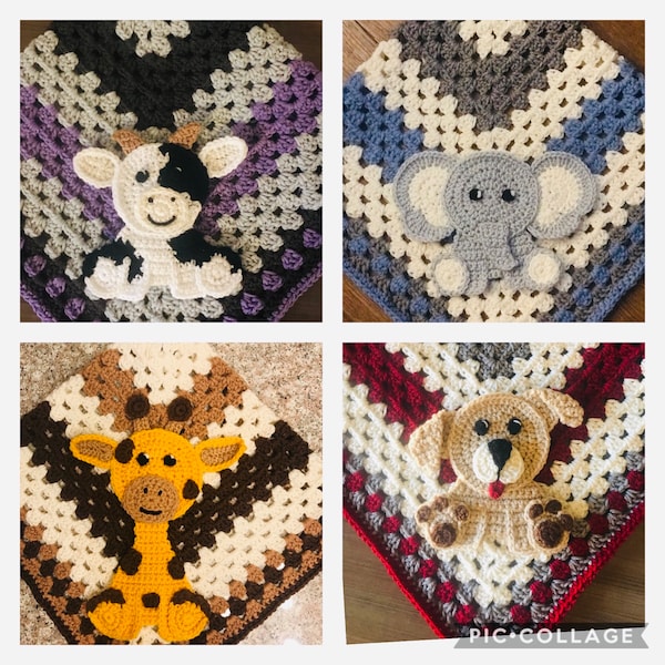 Crochet Appliques, Puppy, Giraffe, Cow, Elephant