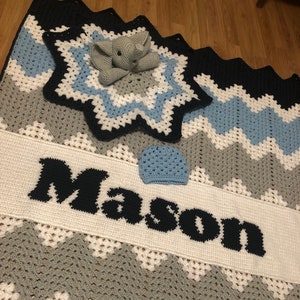 Personalized Baby Blanket with Elephant lovie and hat pattern.