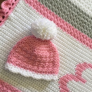 Crochet personalized baby lifetime blanket with rabbit lovie and hat image 5