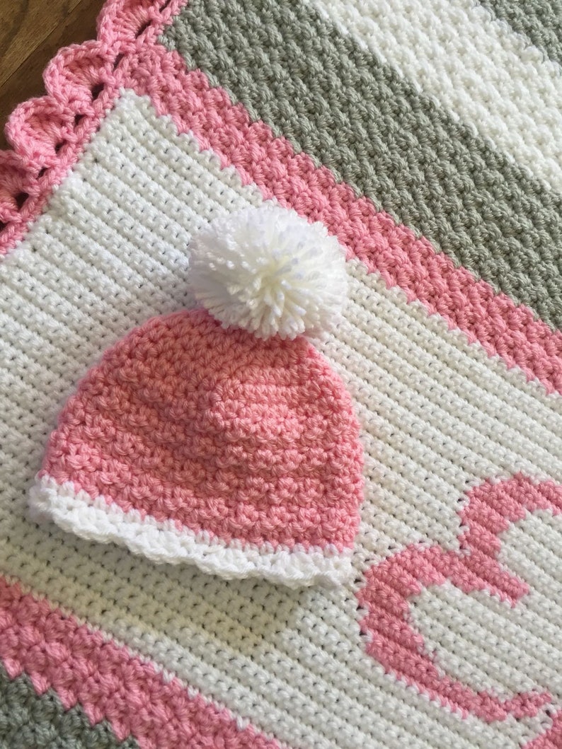 Crochet personalized baby lifetime blanket with rabbit lovie and hat image 5