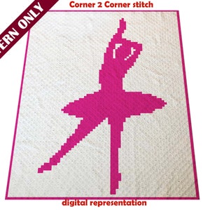 May include: A digital representation of a crochet pattern for a ballerina, using the corner to corner stitch. The ballerina is pink on a white background.