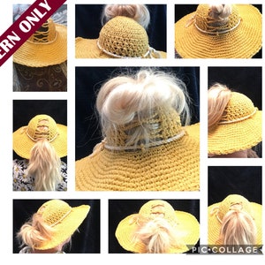 May include: A yellow crochet sun hat with a hole in the crown for a ponytail. The hat is shown in multiple angles with a ponytail going through the hole.