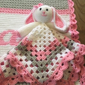 Crochet personalized baby lifetime blanket with rabbit lovie and hat image 4