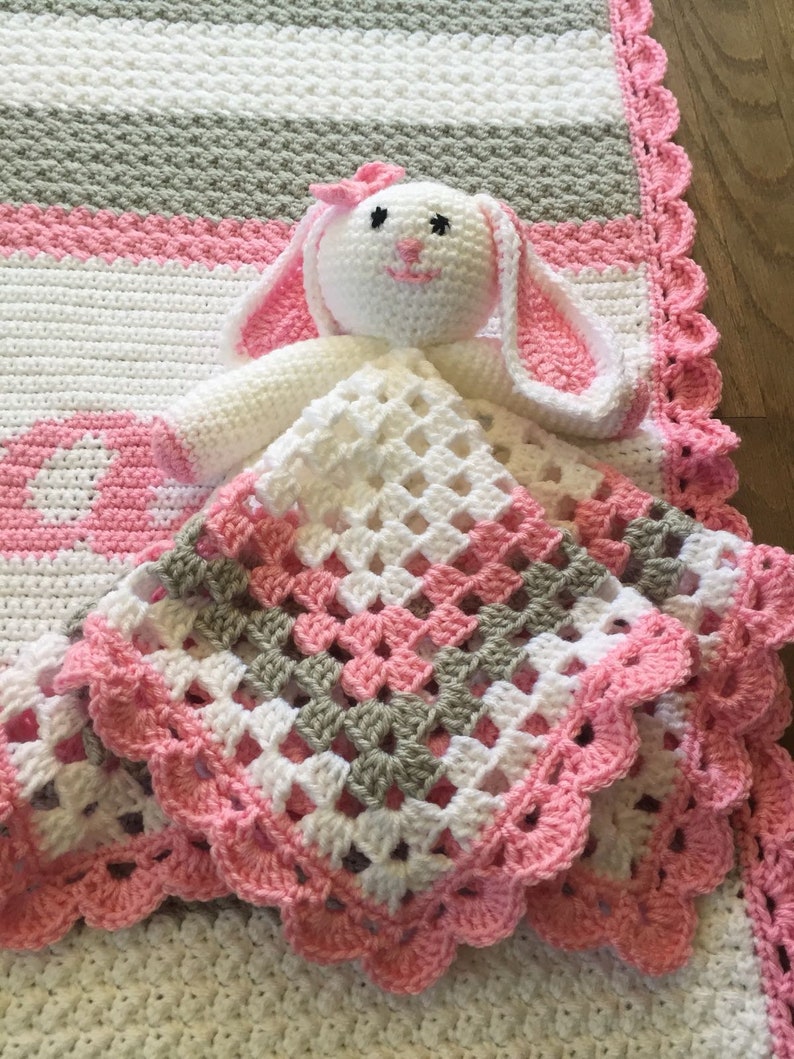Crochet personalized baby lifetime blanket with rabbit lovie and hat image 4