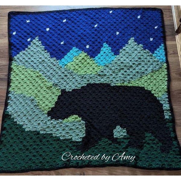 Corner 2 Corner, Bear and mountain scene crochet baby/lap blanket Pattern.  This beautiful silhouette bear blanket makes a perfect gift