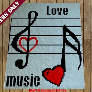 Music Notes Corner 2 Corner pattern.  Music lovers, this blanket pattern  with  heart notes is a special find.