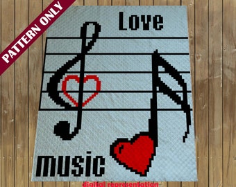 Music Notes Corner 2 Corner pattern.  Music lovers, this blanket pattern  with  heart notes is a special find.