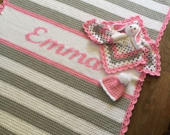 Crochet personalized baby "lifetime" blanket with rabbit lovie and hat