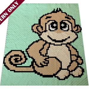 May include: A pixel art pattern of a brown monkey with big eyes and a smile, sitting on a light green background.