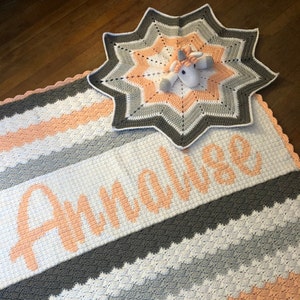 Reverse Shell Crochet baby blanket patterns personalized blanket with Unicorn Lovie.  Large enough for a &quot;lifetime&quot;.