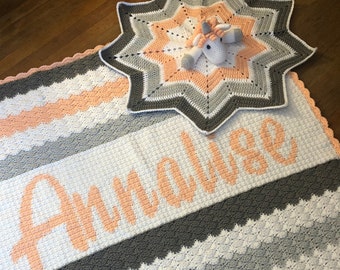 Reverse Shell Crochet baby blanket patterns personalized blanket with Unicorn Lovie.  Large enough for a "lifetime".