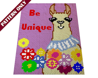 May include: A pixelated llama design with the words "Be Unique" on a pink background. The llama has a blue and white collar and is surrounded by colorful pixelated flowers. The words "PATTERN ONLY" are in the upper left corner.