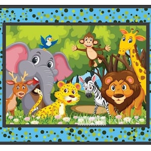 86 - Jungle Friends Baby Panel Fabric  for Quilt, Baby Blanket, Quilt Baby Fabric, Cute Baby Panel, Baby Quilt Top, Baby Quilt Nursery