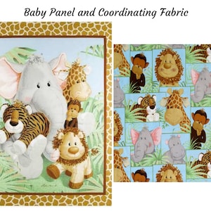 143 - Baby Panel Fabric and Coordinating Fabric -  FREE SHIPPING - Jungle Babies Nursery Cotton Panel Fabric , Baby Blanket, Quilting Fabric