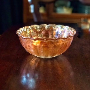 Vintage 1930&#39;s Marigold Carnival Glass Bowl Serving Dish Floral Arranging Wedding Gift