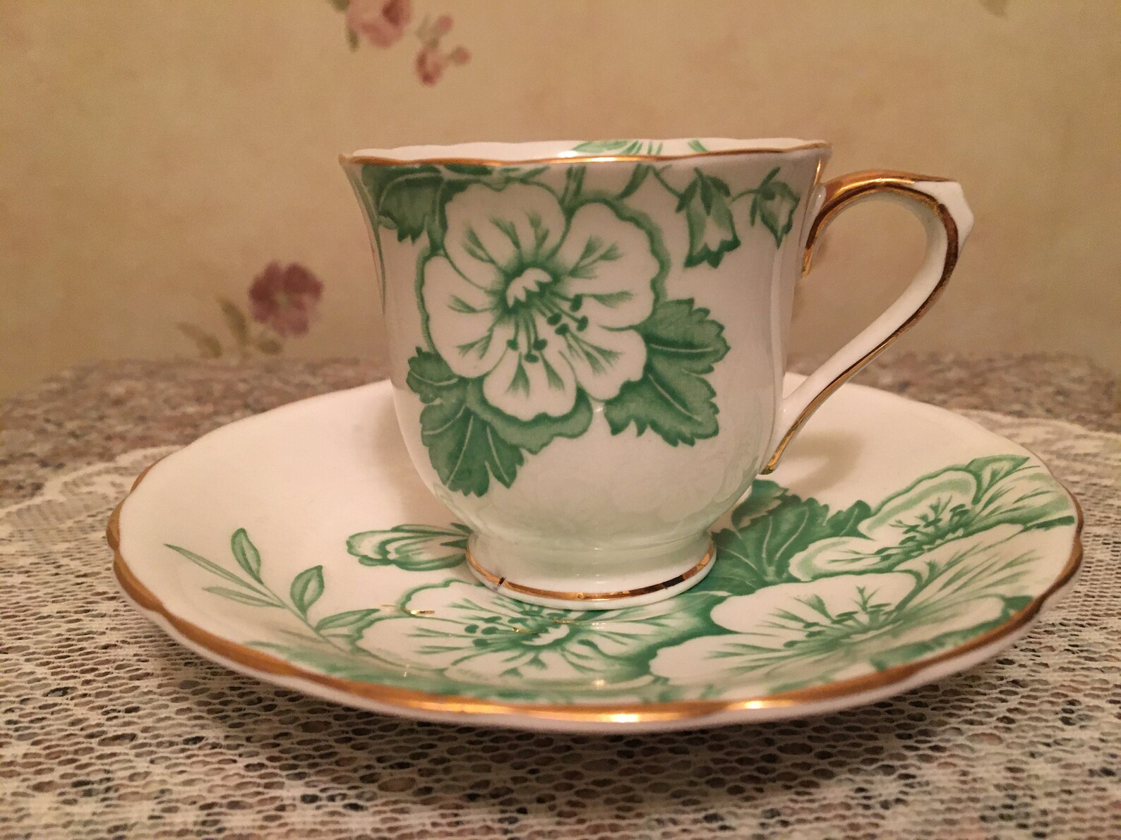 Tea Cup and Saucer Victoria Bone China England Green and White Etsy