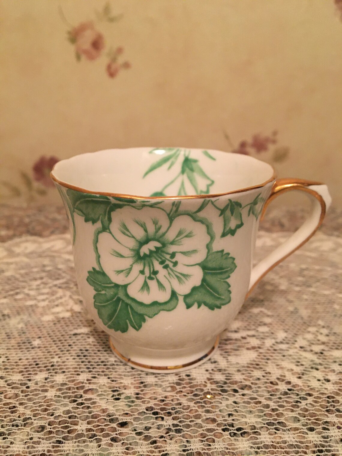 Tea Cup and Saucer Victoria Bone China England Green and White Etsy