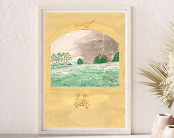 Green Field Art Print, Storm Landscape Illustration, Nature Wall Art