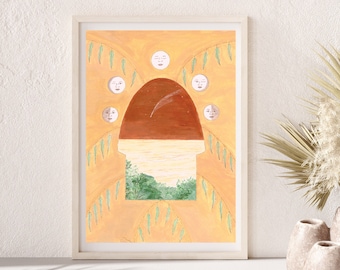 Ocean Print, Landscape with Moon Phases with Face, Nature Art, Boho Wall Decor, Brown and Green, A4 or A5 Size