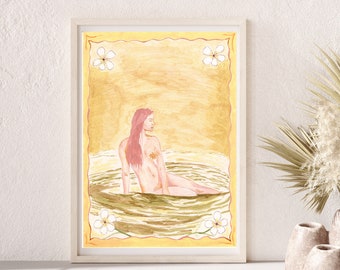 Woman in Water Picture, Girl Print Drawing, Feminine Design for Wall Decoration, Warm Colors Illustration