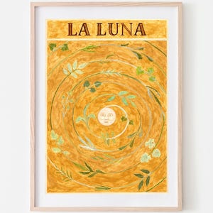 Impression de la Lune entourée de plantes, de feuilles et de branches en spirale