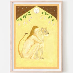 Woman and Lioness Art Print, Girl with Feline, Boho Wall Art