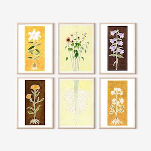 Conjunto de Láminas de Flores: Campánulas, Girasoles, Azucenas, Caléndulas y Cilantro, Arte de Pared Botánico Abstracto