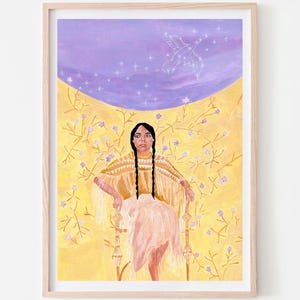 Kunstdruck einer Frau mit Zöpfen unter Sternenhimmel, spirituelle und mystische Kunst