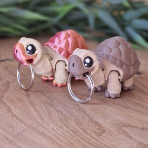 Könnte beinhalten: Zwei 3D-gedruckte Schildkröten-Schlüsselanhänger. Einer hat einen rosa Panzer, der andere einen braunen Panzer. Beide haben große schwarze Augen und silberne Schlüsselringe. Die Schildkröten sind beige und haben detaillierte Füße.
