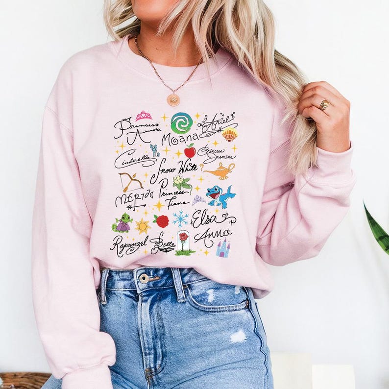 Princess Signatures - Sweatshirt GD, Disney Princess Cinderella Elsa Ariel Belle Rapunzel, Disney Girls Trip, Disney Matching shirts image 4