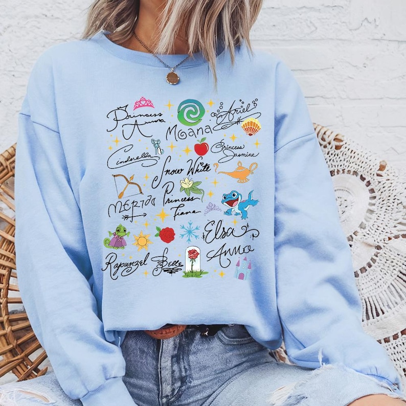 Princess Signatures - Sweatshirt GD, Disney Princess Cinderella Elsa Ariel Belle Rapunzel, Disney Girls Trip, Disney Matching shirts image 1