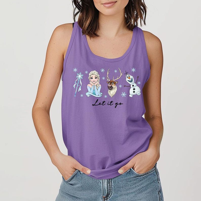 May include: A purple tank top featuring Elsa, Olaf, Sven, and snowflakes from the movie Frozen. The phrase "Let it go" is written in black script below the characters. The tank top is sleeveless and has a scoop neck.