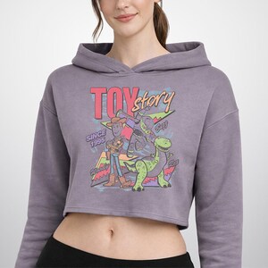 May include: A mauve cropped hoodie featuring a graphic print of Toy Story characters Woody, Buzz Lightyear, and Rex. The design includes the text "TOY story", "SINCE 1995", "Woody", "Buzz", and "Rex" with colourful geometric shapes in the background.