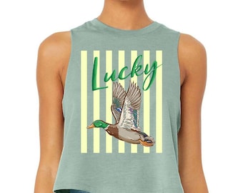 Lucky Stripe Duck - Crop Racerback Tank, Trendy Summer Tee, Bay Coastal Trending Stripes Tee, Boho Summer Vibes Tee